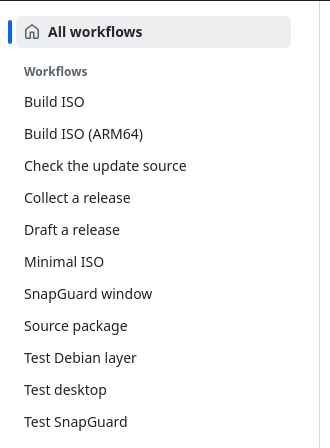 The SnapOS test workflows: Build ISO, Build ISO (ARM64), Minimal ISO, Source package and more